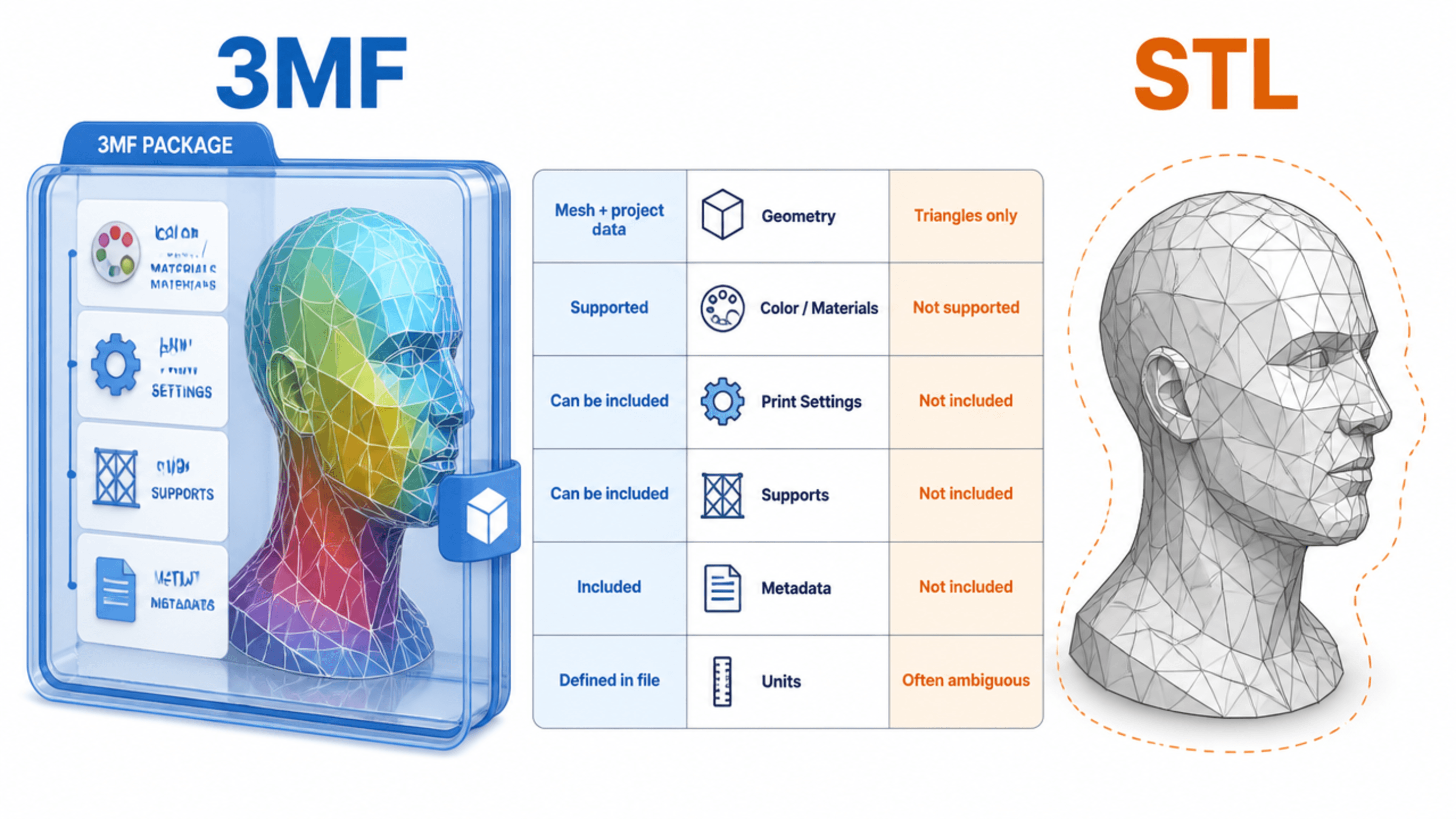 3MF versus STL comparison showing a 3MF package containing geometry, materials, print settings and metadata compared with an STL triangulated surface mesh